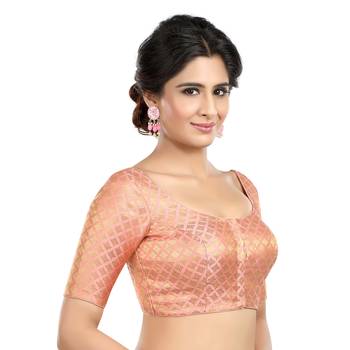 Neckbook Brocade Peach Elbow Sleeves Round Neck Princess Cut Padded Readymade Saree Blouse 4