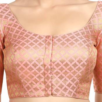 Neckbook Brocade Peach Elbow Sleeves Round Neck Princess Cut Padded Readymade Saree Blouse 5