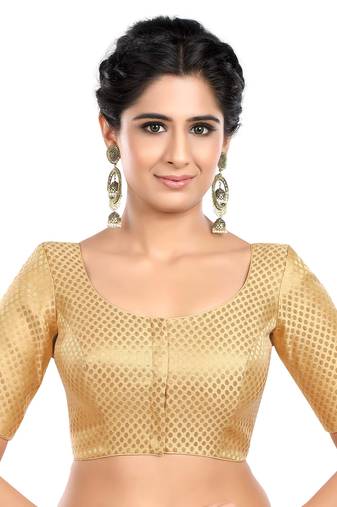 Neckbook Banarasi Gold Brocade Elbow Sleeves Round Neck Princess Cut Padded Readymade Saree Blouse