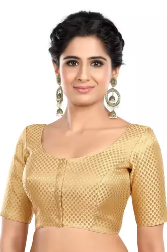 Neckbook Banarasi Gold Brocade Elbow Sleeves Round Neck Princess Cut Padded Readymade Saree Blouse