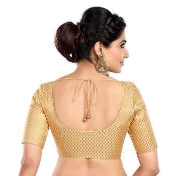 Neckbook Banarasi Gold Brocade Elbow Sleeves Round Neck Princess Cut Padded Readymade Saree Blouse 3