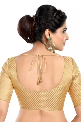 Neckbook Banarasi Gold Brocade Elbow Sleeves Round Neck Princess Cut Padded Readymade Saree Blouse
