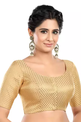 Neckbook Banarasi Gold Brocade Elbow Sleeves Round Neck Princess Cut Padded Readymade Saree Blouse