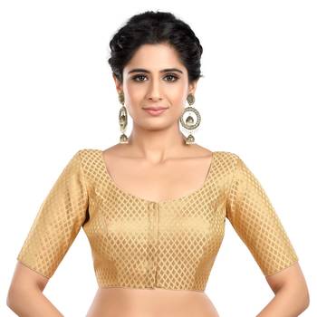 Neckbook Designer Gold Brocade Elbow Sleeves Round Neck Princess Cut Padded Readymade Saree Blouse 1