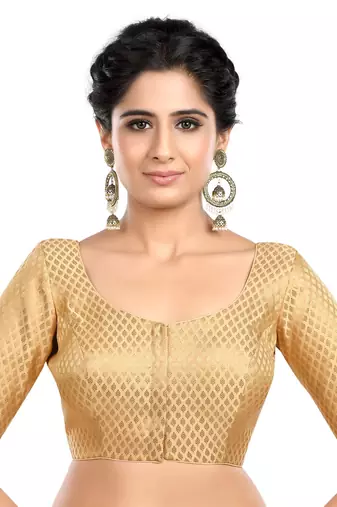 Neckbook Designer Gold Brocade Elbow Sleeves Round Neck Princess Cut Padded Readymade Saree Blouse