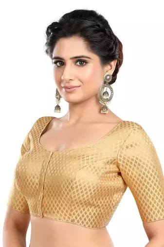 Neckbook Designer Gold Brocade Elbow Sleeves Round Neck Princess Cut Padded Readymade Saree Blouse