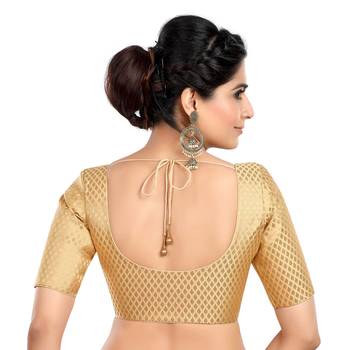 Neckbook Designer Gold Brocade Elbow Sleeves Round Neck Princess Cut Padded Readymade Saree Blouse 3