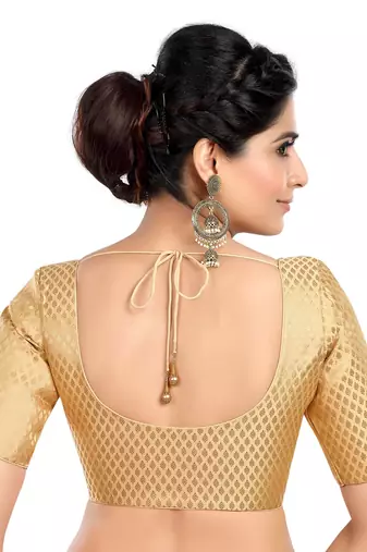Neckbook Designer Gold Brocade Elbow Sleeves Round Neck Princess Cut Padded Readymade Saree Blouse
