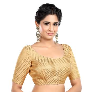 Neckbook Designer Gold Brocade Elbow Sleeves Round Neck Princess Cut Padded Readymade Saree Blouse 4
