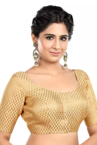Neckbook Designer Gold Brocade Elbow Sleeves Round Neck Princess Cut Padded Readymade Saree Blouse