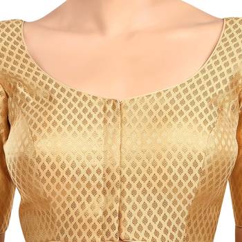 Neckbook Designer Gold Brocade Elbow Sleeves Round Neck Princess Cut Padded Readymade Saree Blouse 5