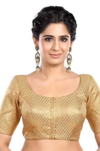 Neckbook Designer Gold Brocade Elbow Sleeves Round Neck Princess Cut Padded Ethnic Readymade Saree Blouse
