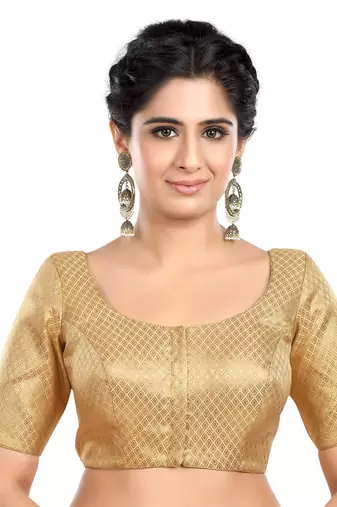 Neckbook Designer Gold Brocade Elbow Sleeves Round Neck Princess Cut Padded Ethnic Readymade Saree Blouse