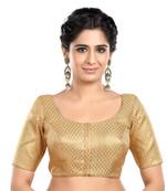 Neckbook Designer Gold Brocade Elbow Sleeves Round Neck Princess Cut Padded Ethnic Readymade Saree Blouse