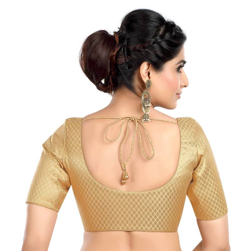 Neckbook Designer Gold Brocade Elbow Sleeves Round Neck Princess Cut Padded Ethnic Readymade Saree Blouse
