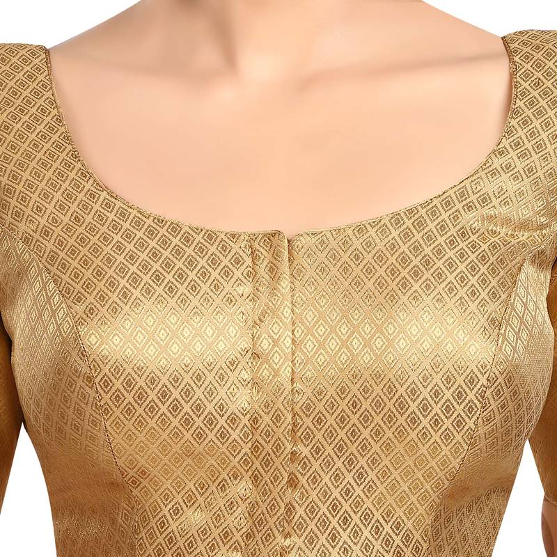 Neckbook Designer Gold Brocade Elbow Sleeves Round Neck Princess Cut Padded Ethnic Readymade Saree Blouse