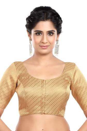 Neckbook Banarasi Design Gold Brocade Elbow Sleeves Round Neck Princess Cut Padded Readymade Saree Blouse