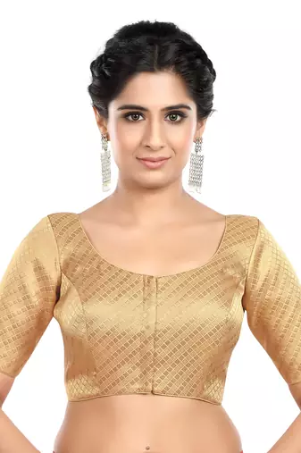 Neckbook Banarasi Design Gold Brocade Elbow Sleeves Round Neck Princess Cut Padded Readymade Saree Blouse