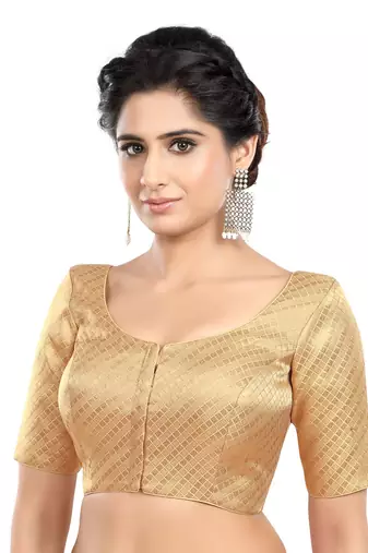 Neckbook Banarasi Design Gold Brocade Elbow Sleeves Round Neck Princess Cut Padded Readymade Saree Blouse