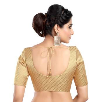 Neckbook Banarasi Design Gold Brocade Elbow Sleeves Round Neck Princess Cut Padded Readymade Saree Blouse 3