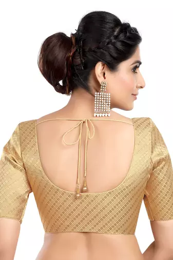 Neckbook Banarasi Design Gold Brocade Elbow Sleeves Round Neck Princess Cut Padded Readymade Saree Blouse