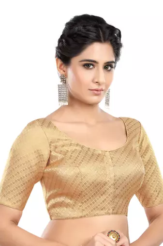 Neckbook Banarasi Design Gold Brocade Elbow Sleeves Round Neck Princess Cut Padded Readymade Saree Blouse