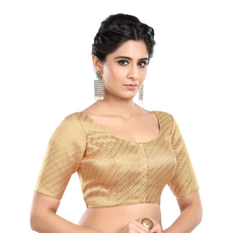 Neckbook Banarasi Design Gold Brocade Elbow Sleeves Round Neck Princess Cut Padded Readymade Saree Blouse