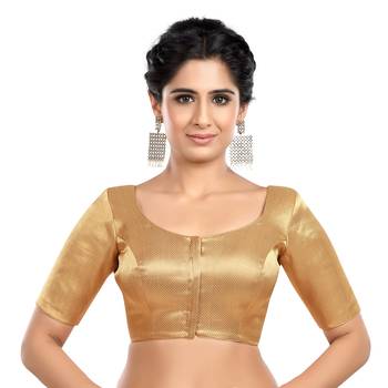 Neckbook Brocade Gold Elbow Sleeves Round Neck Princess Cut Padded Readymade Saree Blouse 1