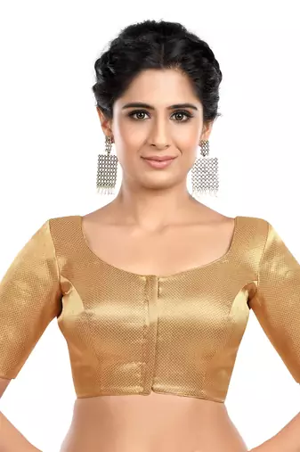Neckbook Brocade Gold Elbow Sleeves Round Neck Princess Cut Padded Readymade Saree Blouse