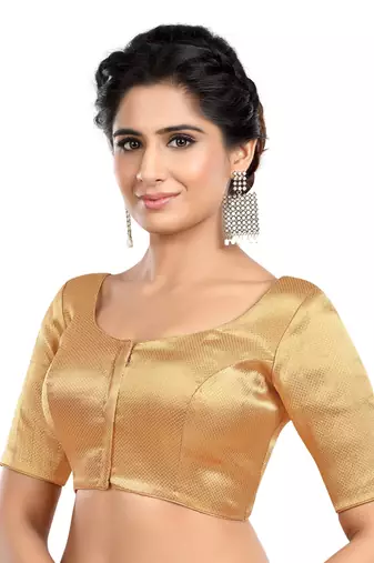 Neckbook Brocade Gold Elbow Sleeves Round Neck Princess Cut Padded Readymade Saree Blouse