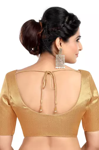 Neckbook Brocade Gold Elbow Sleeves Round Neck Princess Cut Padded Readymade Saree Blouse