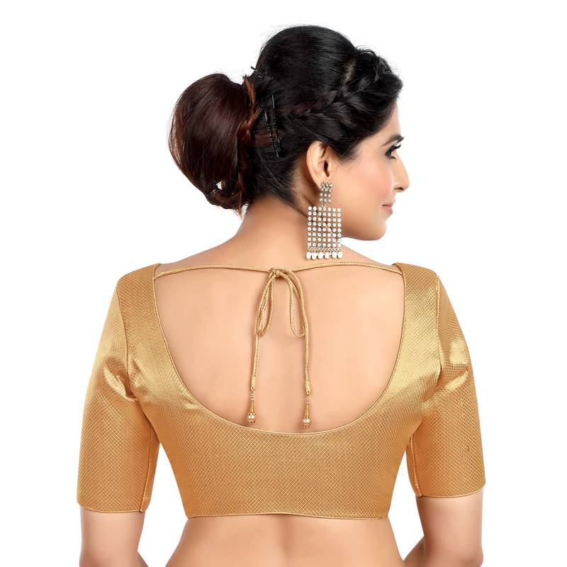Neckbook Brocade Gold Elbow Sleeves Round Neck Princess Cut Padded Readymade Saree Blouse