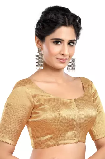 Neckbook Brocade Gold Elbow Sleeves Round Neck Princess Cut Padded Readymade Saree Blouse