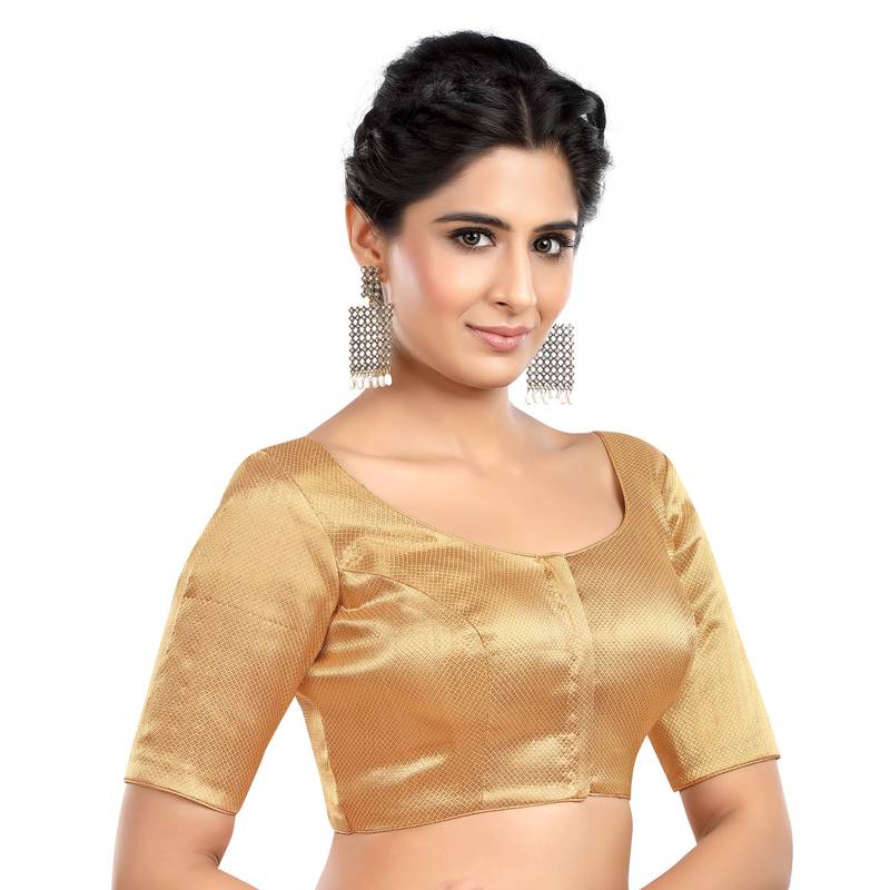 Neckbook Brocade Gold Elbow Sleeves Round Neck Princess Cut Padded Readymade Saree Blouse