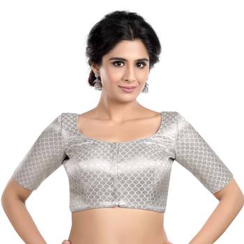 Neckbook Designer Silver Brocade Elbow Sleeves Round Neck Princess Cut Padded Ethnic Readymade Saree Blouse 1