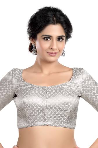 Neckbook Designer Silver Brocade Elbow Sleeves Round Neck Princess Cut Padded Ethnic Readymade Saree Blouse