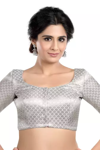Neckbook Designer Silver Brocade Elbow Sleeves Round Neck Princess Cut Padded Ethnic Readymade Saree Blouse