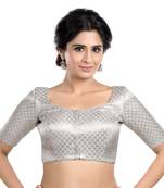 Neckbook Designer Silver Brocade Elbow Sleeves Round Neck Princess Cut Padded Ethnic Readymade Saree Blouse
