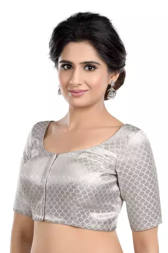 Neckbook Designer Silver Brocade Elbow Sleeves Round Neck Princess Cut Padded Ethnic Readymade Saree Blouse