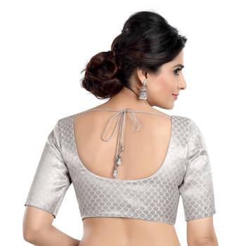 Neckbook Designer Silver Brocade Elbow Sleeves Round Neck Princess Cut Padded Ethnic Readymade Saree Blouse 3