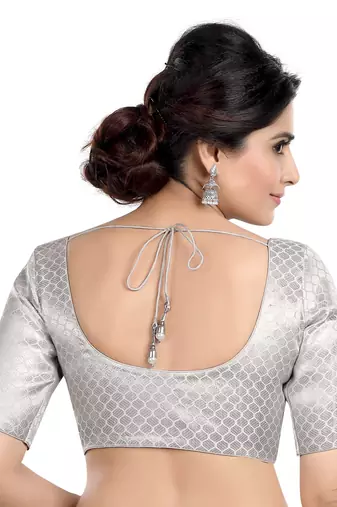 Neckbook Designer Silver Brocade Elbow Sleeves Round Neck Princess Cut Padded Ethnic Readymade Saree Blouse
