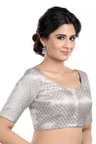 Neckbook Designer Silver Brocade Elbow Sleeves Round Neck Princess Cut Padded Ethnic Readymade Saree Blouse