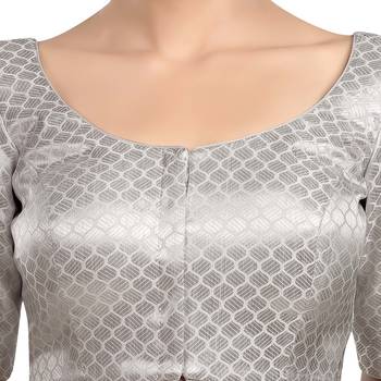 Neckbook Designer Silver Brocade Elbow Sleeves Round Neck Princess Cut Padded Ethnic Readymade Saree Blouse 5