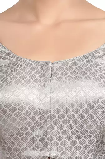Neckbook Designer Silver Brocade Elbow Sleeves Round Neck Princess Cut Padded Ethnic Readymade Saree Blouse