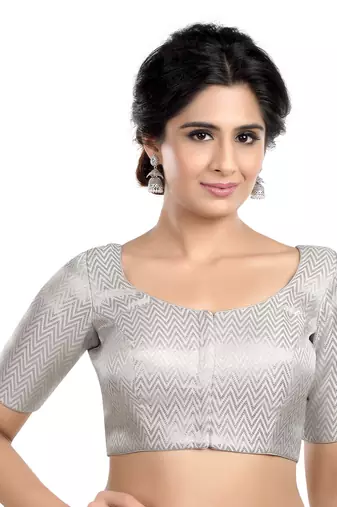 Neckbook Banarasi Design Silver Brocade Elbow Sleeves Round Neck Princess Cut Padded Readymade Saree Blouse