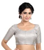 Neckbook Banarasi Design Silver Brocade Elbow Sleeves Round Neck Princess Cut Padded Readymade Saree Blouse