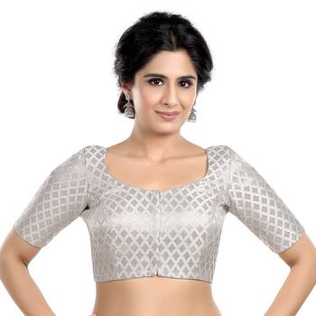 Neckbook Brocade Silver Elbow Sleeves Round Neck Princess Cut Padded Readymade Saree Blouse 1