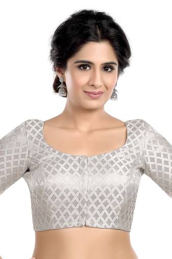 Neckbook Brocade Silver Elbow Sleeves Round Neck Princess Cut Padded Readymade Saree Blouse