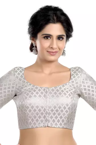 Neckbook Brocade Silver Elbow Sleeves Round Neck Princess Cut Padded Readymade Saree Blouse