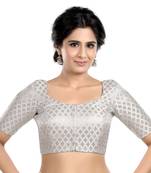 Neckbook Brocade Silver Elbow Sleeves Round Neck Princess Cut Padded Readymade Saree Blouse
